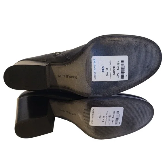 Michael Kors Black Leather 2 Buckle Mid Calf Boots Size 11 Block‎ Heel Moto - Picture 8 of 9